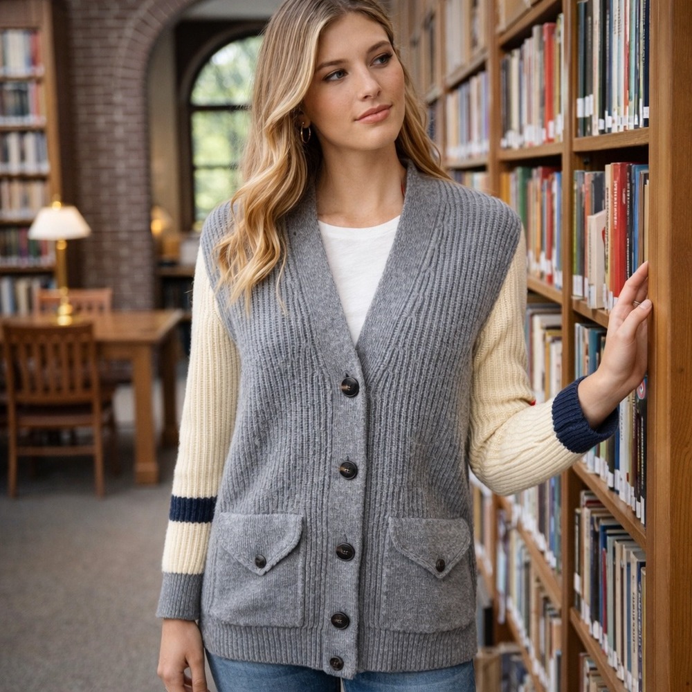 J.Crew Cardigan Sweater Women S Gray Cream Lambs Wool Blnd Preppy Varsity Ribbed